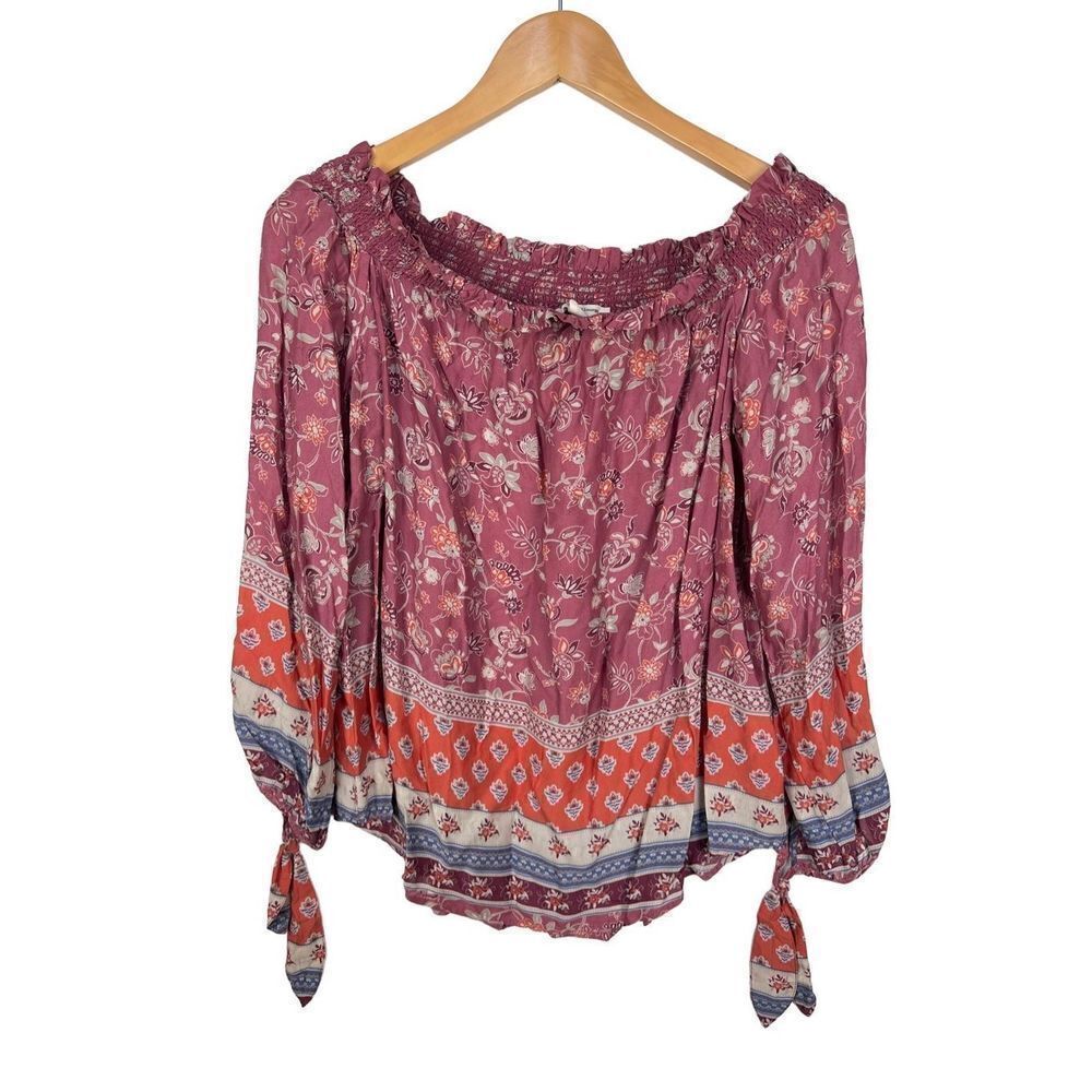 Beachlunchlounge Boho Top Smocking Floral Peasant Shirt Blouse women’s size M